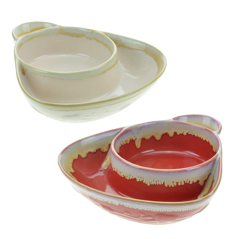 Roe & Moe Stoneware Soup & Side, Chips & Dip Bowl Set of 2 by Roe & Moe (Cream and Red) - Image 2